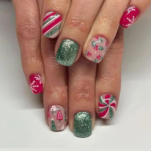 NICENEEDED 24 Stück Weihnachts Press On Nägel Kurzer Quadratischer Kunstnagel Mit Candy Stripes Design Künstliche Nägel Mit Schneeflocken Motiv Für Winter Und Weihnachten Für Frauen Maniküre Kunst von NICENEEDED