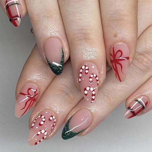 NICENEEDED 24 Stück Weihnachts Press On Nägel Mittelgroße Künstliche Mandelnägel Mit Grünem Glitzerdesign Winterliche Weihnachts French Tipps Zum Aufkleben Der Nägel Für Frauen Maniküre Kunst von NICENEEDED