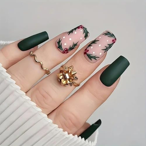 NICENEEDED 24 Stück Weihnachts Press On Nägel Mittelgroße Quadratische Künstliche Nägel Mit Dunkelgrünem Design Winter Xmas Künstliche Nägel Für Frauen Maniküre Kunst von NICENEEDED