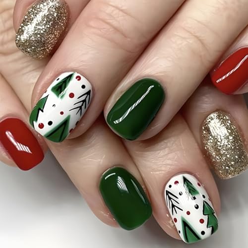 NICENEEDED 24 Stück Weihnachtsnägel Zum Aufdrücken Kurze Quadratische Künstliche Nägel In Weihnachtsbaumform Mit Glänzendem Glitzer Rot Grün Niedlich Künstliche Nägel Für Frauen Maniküre DIY von NICENEEDED