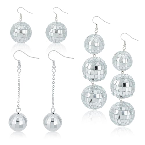 NICENEEDED 3 Paar Disco-Kugel-Ohrringe, 60'S Silberne Spiegel-Disco-Kugel-Tropfen-Ohrhänger, Spiegelkugel-Punk-Schmuck-Ohrringe von NICENEEDED