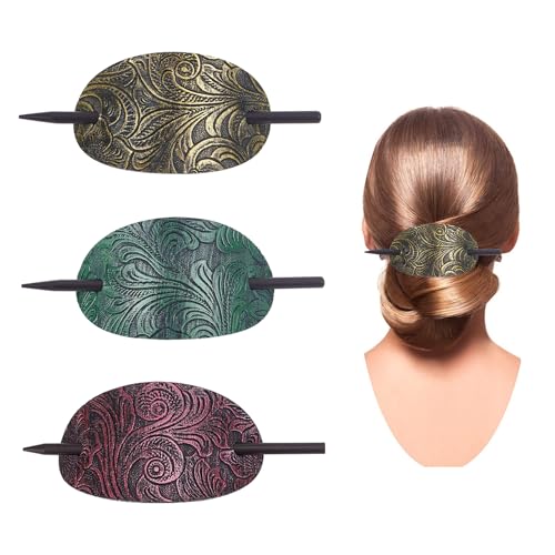 NICENEEDED 3 x Haarspange Aus Leder. Haarspangen Aus Kunstleder Mit Stab Haarspange In Ovaler Form Stilvoller Dutthalter Haar Accessoires Für Frauen Halloween von NICENEEDED