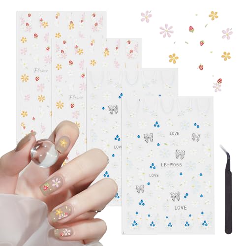 NICENEEDED 4 Blatt Nagelkunst Aufkleber Mit Blumenmotiv 3D Selbstklebende Nailart Aufkleber Mit Pinzette Nagelkunstzubehör Mit Blumenblättern Nagelmaniküre Dekor von NICENEEDED