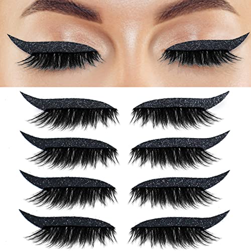 NICENEEDED 4 Paar Schwarze Eyeliner-Aufkleber Mit Wimpern, Wasserdichte Glitzer-Wimpernaufkleber, Selbstklebende Wimpern Make-Up Aufkleber Make-Up-Tool Für Frauen Mädchen Cosplay von NICENEEDED