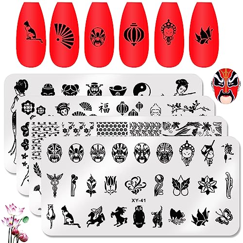 NICENEEDED 4 Stück Nagelkunst-Stempelplatten Im Chinesischen Stil, Rechteckige Stempelplatten Mit Bambusmuster, Blumen-Druck-Maniküre Für Frauen Und Mädchen, DIY-Druckwerkzeuge von NICENEEDED