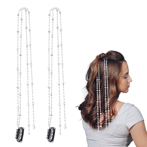 NICENEEDED 4-Teiliges 3D-Stern-Mond-Haarspangenketten-Set, Perlenlange Punk-Quasten-Haarverlängerungsketten Zum Flechten von Haaren, Braut-Hochzeits-Haarschmuck-Accessoires Für Frauen Und Mädchen von NICENEEDED