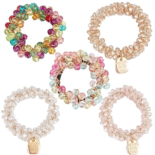 NICENEEDED 5 Stück Kunststoff-Kristallperlen-Armband-Haargummis, Elastische Haargummis, Perlen-Pferdeschwanzhalter, Ringseil, Scrunchie-Halter, Webperlen-Haarschmuck Für Frauen Und Mädchen von NICENEEDED