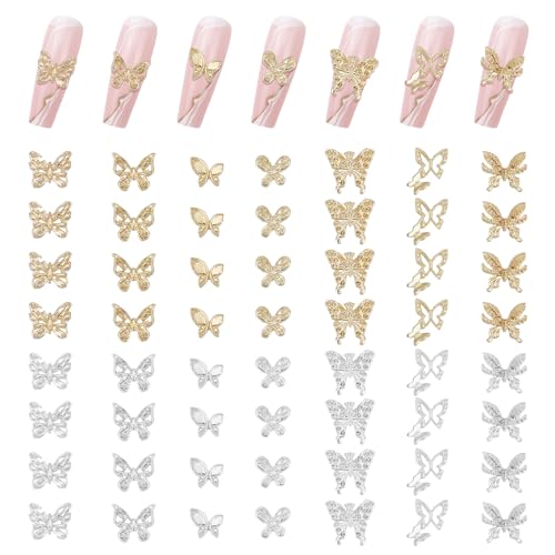 NICENEEDED 56 Stück 3D-Legierungs-Schmetterlings-Nagelanhänger, Silbergoldener Nagelschmuck Aus Metall Für Frauen Und Mädchen, Hohler Schmetterlings-Nagelkunst-Dekorationszubehör Für Nagel-DIY von NICENEEDED
