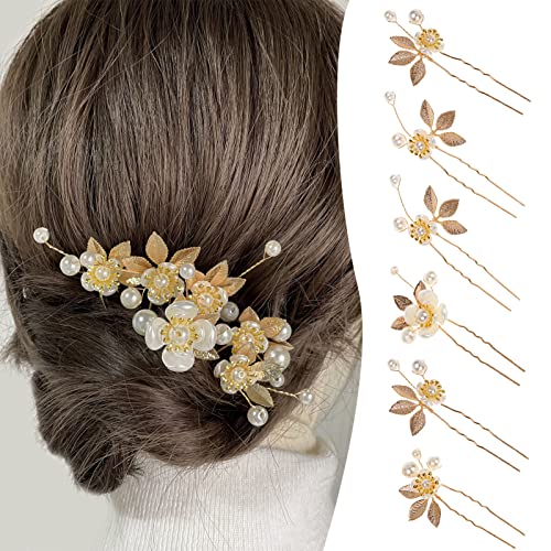 NICENEEDED 6 Stück Braut-Perlen-Haarnadel, Haarspangen Mit Blütenblättern Und Blattgold, Braut-Hochzeits-Haarteile, Goldene Valentinstag-Kopfbedeckung, Haarschmuck Für Frauen Und Mädchen von NICENEEDED