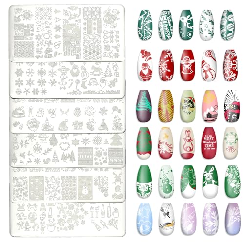 NICENEEDED 6 Stück Weihnachtsnagelplatten Stempelset Weihnachtsbaum Schneeflocke Schneemann Stempel Vorlagen Nail Art Platten für Winter DIY Design von NICENEEDED