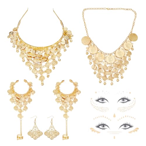 NICENEEDED 6-Teiliges Bauchtanz-Schmuckset, Goldmünzen Kopfschmuck Ohrringe Halskette Armband, Gesicht Temporäre Tattoos Indien Kopfbedeckung von NICENEEDED