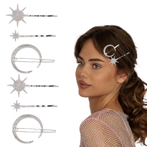 NICENEEDED 6-Teiliges Haarspangen-Set Mit Glitzerndem Mond Und Schneeflockenstern, Schillernde Haarnadel Aus Strasslegierung, Haarschmuck Mit Glitzer-Diamant-Seitenklammern Für Frauen Und Mädchen von NICENEEDED