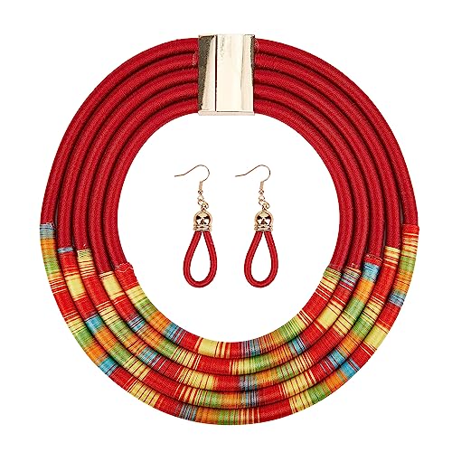 NICENEEDED African Necklace Collar Earrings Sets, Multi Strand Bib Necklace With Magnetic Clasp, Chunky Layered Collar Costume Party Jewelry Accessories for Women von NICENEEDED