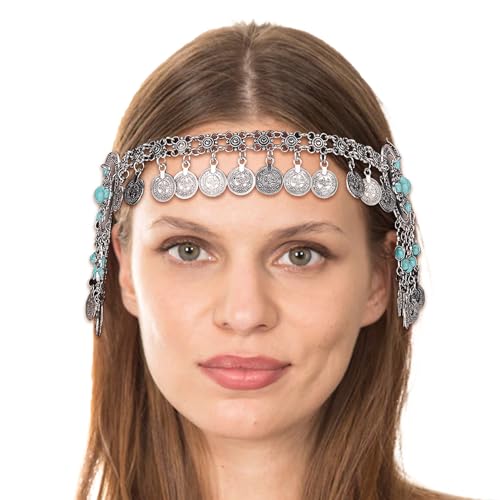 NICENEEDED Böhmische Edelstein-Münz-Quasten-Kopfkette, Festival-Stirn-Haar-Charm-Kette Für Hochzeits-Ball-Kostüm, Vintage Silber Haarschmuck Für Frauen Und Mädchen von NICENEEDED