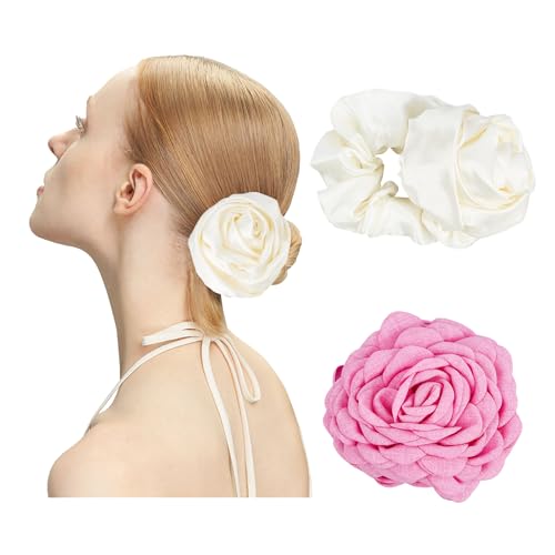 NICENEEDED Chiffon-Rosenblumen-Krallenklammern Und Haarband-Set, Haarspange Aus Rutschfestem Stoff Mit Floralem Krallenmuster, Haarkrabbenklammer Und Pferdeschwanzhalter Aus Seidenband Für Frauen von NICENEEDED