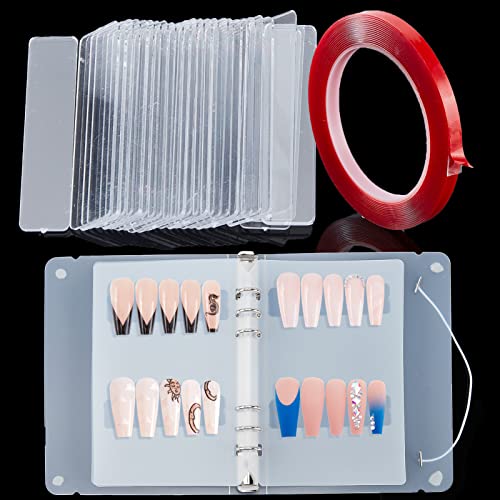 NICENEEDED Display-Set Für Falsche Nägel Aus Acryl, 30 transparenter Nail Art Display Ständer Halter & Nail Art Buch & 5 m Abnehmbares Doppelseitiges Klebeband von NICENEEDED