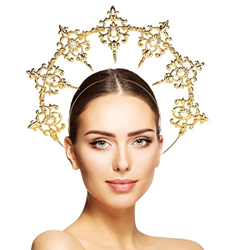 NICENEEDED Frauen Göttin Halo Krone Kopfschmuck, Boho Engel Königin Krone, Damen Gold Kopfschmuck Braut Kopfschmuck Für Party Cosplay Halloween Kostüm Fotoshooting Zubehör von NICENEEDED
