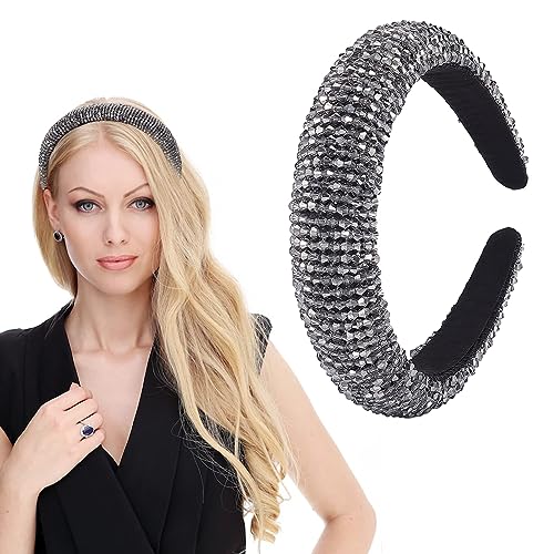 NICENEEDED Gepolstertes Strass-Stirnband, Funkelnde Silberne Haarbänder, Bling Diamond Kopfschmuck Haarreifen Haarschmuck Kristall Perlen Breites Stirnband Bejeweled Haarband Für Frauen Mädchen von NICENEEDED