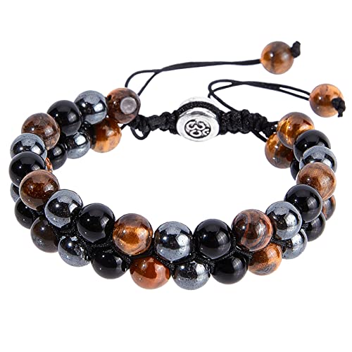 NICENEEDED Handgefertigtes Armband Mit Dreifachem Schutz, Natürlicher Schwarzer Obsidian Und Tigerauge-Armband, Verstellbares 8-Mm-Hämatit-Perlenarmband Für Frauen Und Männer Bringt Glück Und von NICENEEDED