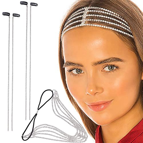 NICENEEDED Kopfketten-Set Aus Silbernem Strass, Mehrschichtiges, Elastisches Kristall-Stirnband Und Kristall-Quasten-Haarspangen-Ketten Für Frauen, Stirn Braut Kopfschmuck Abschlussball Haarschmuck von NICENEEDED