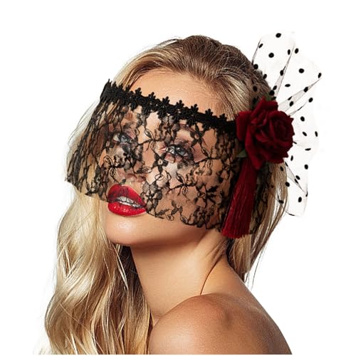 NICENEEDED Schwarzer Schleier mit Vintage-Blume, verstellbarer roter Rosen-Netz-Spitzenschleier für Teeparty, Halloween-Dekoration, Fascinator-Netzschleier, Kopfschmuck für Frauen und Mädchen, von NICENEEDED