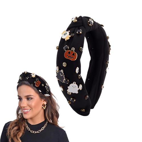 NICENEEDED Schwarzes Stirnband Mit Halloween Motiv Breites Haarteil Mit Geister Strassverzierung 6.89" x 5.12" Party Haar Accessoires Für Damen Cosplay von NICENEEDED