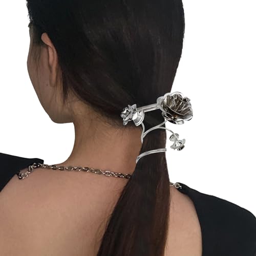 NICENEEDED Silberne Rose Gedrehte Haarspange, Retro-Metallic-Blumen-Pferdeschwanzhalter-Clips Für Langes Haar, Legierungs-Pferdeschwanz-Haarspangen-Haarteile Für Frauen Und Mädchen von NICENEEDED