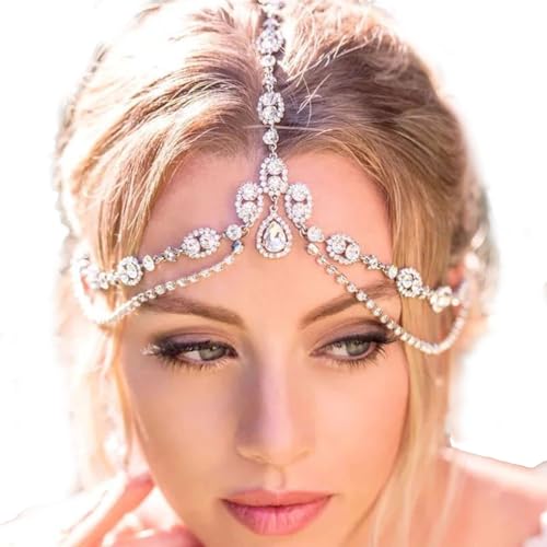 NICENEEDED Silberne Stirnrhinest-Kopfkette, Boho Sparkly Waterdrop Rhinest Headpiece, Kristall Geschichtete Haarkette Schmuck Braut Haarschmuck Für Hochzeit Abschlussball Party Alltagskleidung von NICENEEDED