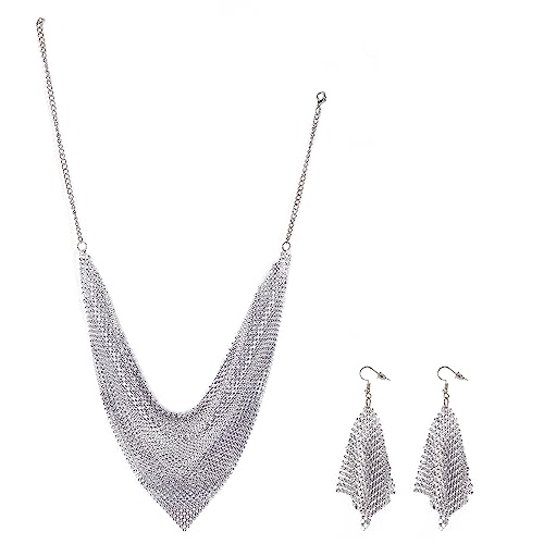 NICENEEDED Silbernes Bling-Mesh-Lätzchen-Halsband-Set, Schal, Fransen, Ohrringe, Pailletten, Quaste, Halsband, Kostümschmuck, Kettenzubehör von NICENEEDED