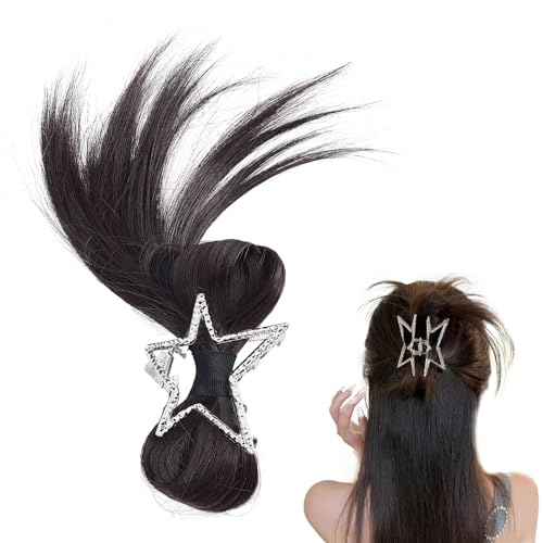 NICENEEDED Silver Star Haarknotenklammer, Chignon-Pferdeschwanz-Haarteil Mit Clips Zur Haardekoration, Schwarze Haarverlängerung Mit Metallclip Für Frauen Und Mädchen von NICENEEDED