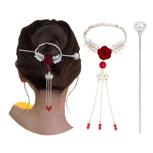 NICENEEDED Sparkle Pearls Haarstäbchen, Haarspangen Mit Glänzenden Perlen Und Quasten Für Die Dekoration Langer Haare, Rote Rose Chignon-Brötchenhalter-Clips Für Frauen Und Mädchen von NICENEEDED