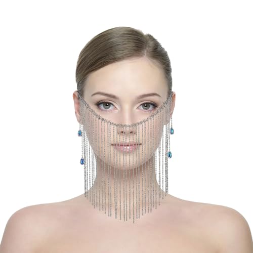 NICENEEDED Sparkle Waterdrop Beads Face Jewelty Masks, Silberne Lange Quasten Glitzernde Perlenanhänger-Gesichtsketten, Glänzende Kopfbedeckung, Gesichtsdekorationszubehör Für Frauen Und Mädchen von NICENEEDED