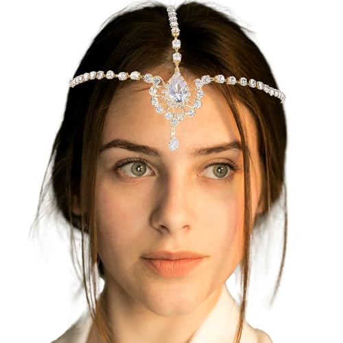 NICENEEDED Stirn Strass Kopfkette, Gold Kristall Geschichtete Haarkette Schmuck, Boho Sparkly Teardrop Strass Kopfschmuck Braut Haarschmuck Für Hochzeit, Abschlussball, Party, Alltag von NICENEEDED