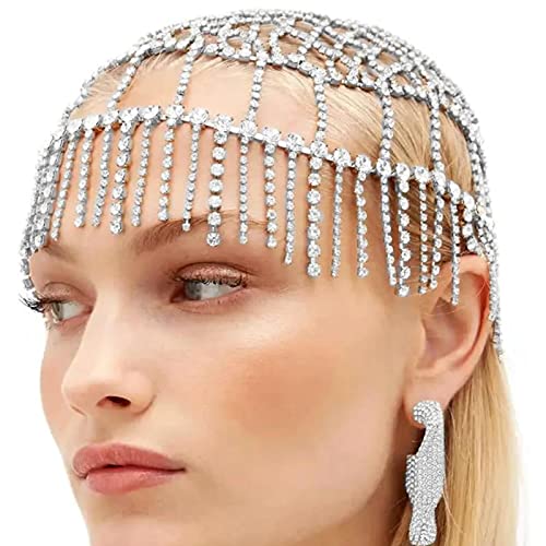 NICENEEDED Strass Quaste Kopfkette Silberkappe, Roaring 20s Crystal Flapper Cap Headpiece, Funkelnder Strass-Kopfschmuck Gatsby Haarschmuck Für Frauen Und Mädchen von NICENEEDED