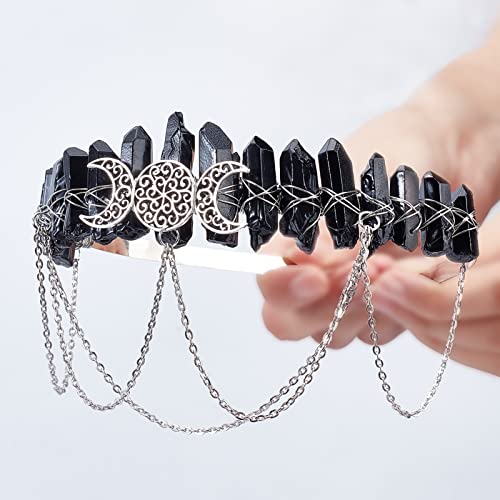 NICENEEDED Tiara Aus Rohem Kristallquarz, Schwarz, Moon Crystal Boho Stirnband Für Wiccan Witch, Göttin Krone Hochzeit Braut Kopfschmuck Für Cosplay Schmuck Frauen Und Mädchen von NICENEEDED