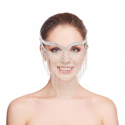 NICENEEDED Vintage Strass-Fransen-Gesichtsschmuck-Maske, Glitzernde Diamant-Maskerade-Gesichtsdekorationskette, Mehrschichtige Schleier-Gesichts-Kopfbedeckungskette Für Frauen Und Mädchen von NICENEEDED