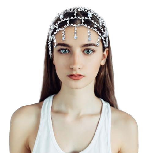 NICENEEDED Vintage Strass-Kopfkettenkappe, Glitzernde Maskerade-Kopfschmuckkappe Mit Kristallanhänger, Glitzernde Kristall-Mesh-Kopfbedeckungskette Für Damen- Und Mädchen-Partykostüme von NICENEEDED