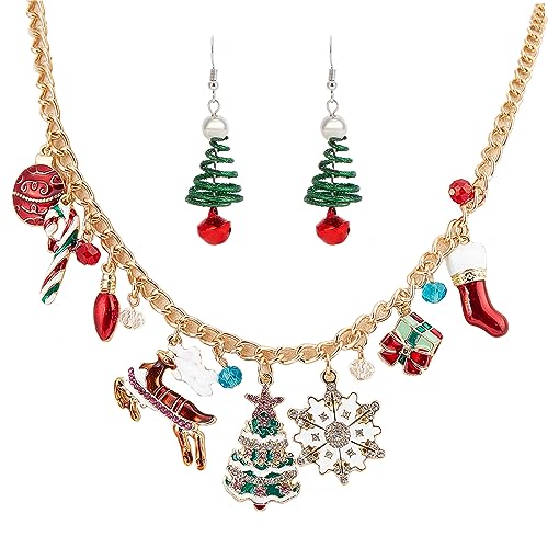 NICENEEDED Weihnachts-Charm-Schmuckset Für Damen, Statement-Halskette Mit Weihnachtsschneeball, Schneemann, Schneeflocke Und Glöckchen Und Baumelnden Weihnachtsbaum-Ohrringen, Feiertags-Halsketten, Ge von NICENEEDED