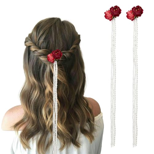 Niceneeded Blumen-Haarkettenclips, Haarspangen Mit Langen Perlenquasten, Blumen-Haarschmuck, Haarnadeln, Haarteile Für Damen Und Mädchen, Haarschmuck von NICENEEDED