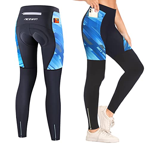 NICEWIN Radlerhose Fahrradhose Damen Lang mit Sitzpolster 4D Gepolsterte Radhose Atmungsaktiv Schnell Trocknend stoßfeste Elastisch Hosen,M,Schwarz/Blau von NICEWIN