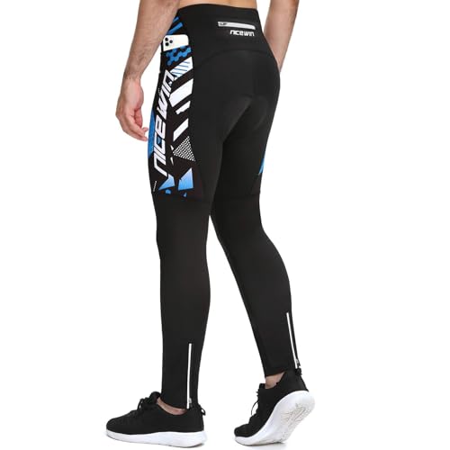 NICEWIN Radlerhose Fahrradhose Herren Lang mit Sitzpolster 4D Gepolsterte Winter Thermo Radhose Atmungsaktiv stoßfeste Tights Elastisch Hosen,L,Blau-Thermo Wolle von NICEWIN