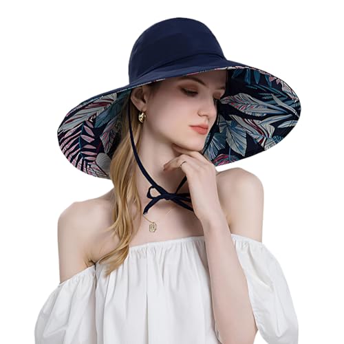 Blatt-Muster Halbhohle Damen Sonnenhut Faltbar Outdoor Breiter Krempe Safari Hut Faltbar Gärtnerhut mit Pferdeschwanz-Loch Wanderhut Fischerhut Strandhut Sommerhut Kopfbedeckung Anti-UV-Hut UPF 50+ von NICEYEA