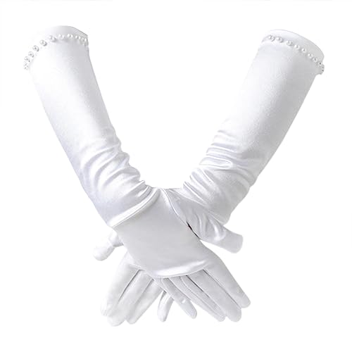 Blumenmädchen Handschuhe Pincess Pearl Lange Satin Handschuhe Lange Prinzessin Kostüm Zubehör Hochzeitskleid Perlstickerei Handschuhe Mädchen Kommunionshandschuhe für Hochzeit Party Dekoration von NICEYEA