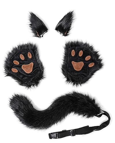 Halloween Kostüme Plüsch Katzenohren katzenschwanz Pfoten Handschuhe Cosplay Set Katze Cosplay Kostüm Set Fuchs Wolf Schwanz Handschuhe Clip Ohren Haarspange Set Tierohren Handschuhe Schwanz Set von NICEYEA