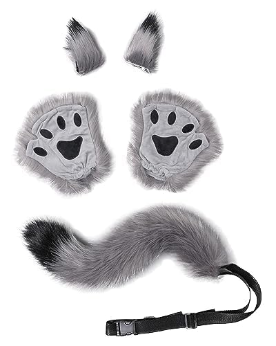 Halloween Kostüme Plüsch Katzenohren katzenschwanz Pfoten Handschuhe Cosplay Set Katze Cosplay Kostüm Set Fuchs Wolf Schwanz Handschuhe Clip Ohren Haarspange Set Tierohren Handschuhe Schwanz Set von NICEYEA