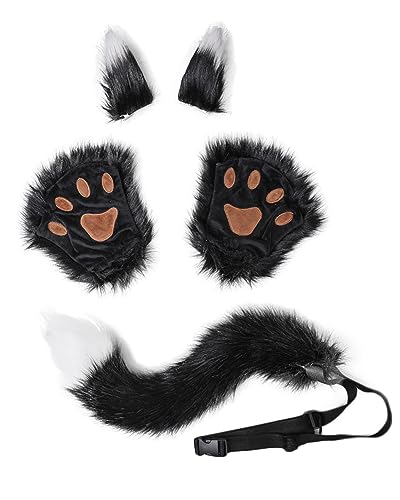 Halloween Kostüme Plüsch Katzenohren katzenschwanz Pfoten Handschuhe Cosplay Set Katze Cosplay Kostüm Set Fuchs Wolf Schwanz Handschuhe Clip Ohren Haarspange Set Tierohren Handschuhe Schwanz Set von NICEYEA