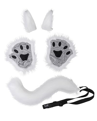 Halloween Kostüme Plüsch Katzenohren katzenschwanz Pfoten Handschuhe Cosplay Set Katze Cosplay Kostüm Set Fuchs Wolf Schwanz Handschuhe Clip Ohren Haarspange Set Tierohren Handschuhe Schwanz Set von NICEYEA