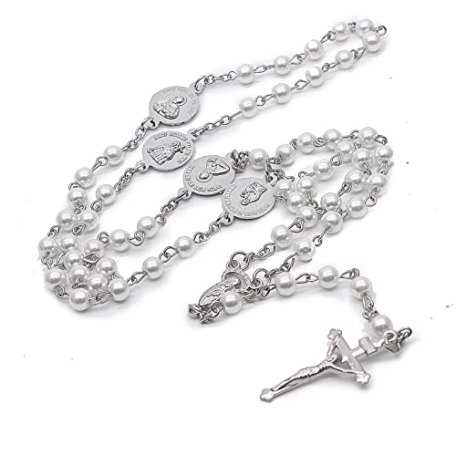 NICEYEA Katholischer Rosenkranz Weiß Perlen Halskette mit Kreuz Kommunion Rosenkranz Religiöser Schmuck Heiliger Boden Halskette Charme Geschenk für Damen und Herren von NICEYEA