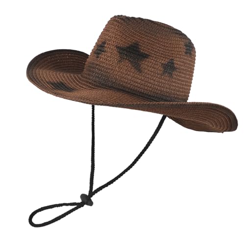 NICEYEA Sonnenschutz-Cowboyhut Frühling und Sommer Sonnenschutzhut fünfzigartiger Stern Retro große Krempe Strand Strand Sonnenschutz Winddichte Kapuze Outdoor-Sonnenhut Unisex von NICEYEA