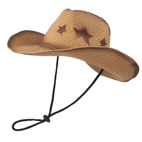 NICEYEA Sonnenschutz-Cowboyhut Frühling und Sommer Sonnenschutzhut fünfzigartiger Stern Retro große Krempe Strand Strand Sonnenschutz Winddichte Kapuze Outdoor-Sonnenhut Unisex von NICEYEA